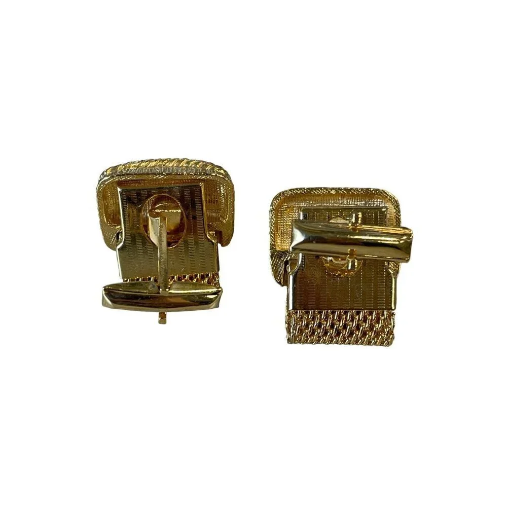 Vtg Gold Tone Fancy Frame Brown Green Swirl Art Glass‎ Stone Mesh Wrap Cufflinks